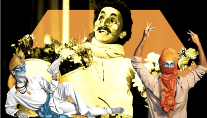 Collage of actor Jacob Rajan as characters Gobi holding flowers, Shan Jahan and Mumtaz