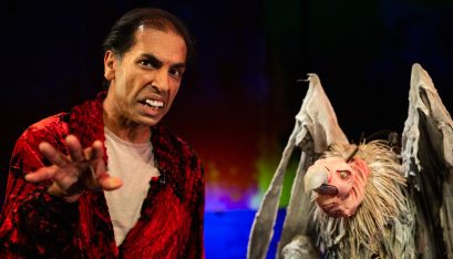 Actor Jacob Rajan looks at the camera in an conversation with Gerry the vulture