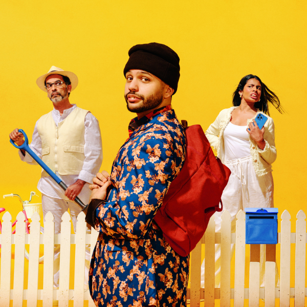 Hero Image for Balloon Dog. Yellow background with jacob Rajan on the left, Jehangir Homavazir in the middle and Alisha Jacob on the right