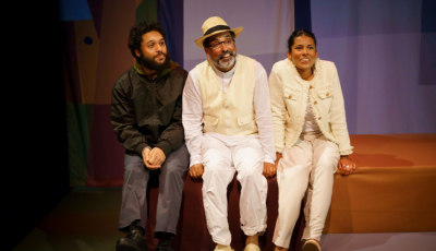 Image of the Ballon Dog actors sitting. Left to right - Jehangir, Jacob and Alisha