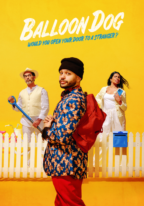 Hero Image for Balloon Dog. Yellow background with jacob Rajan on the left, Jehangir Homavazir in the middle and Alisha Jacob on the right