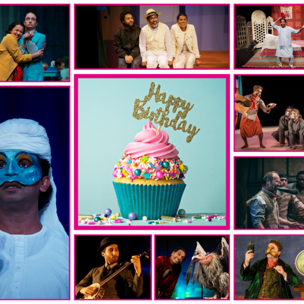 Birthday cupcake with "Happy Birthday" topper centered in a collage of theatrical performance photos with pink borders.