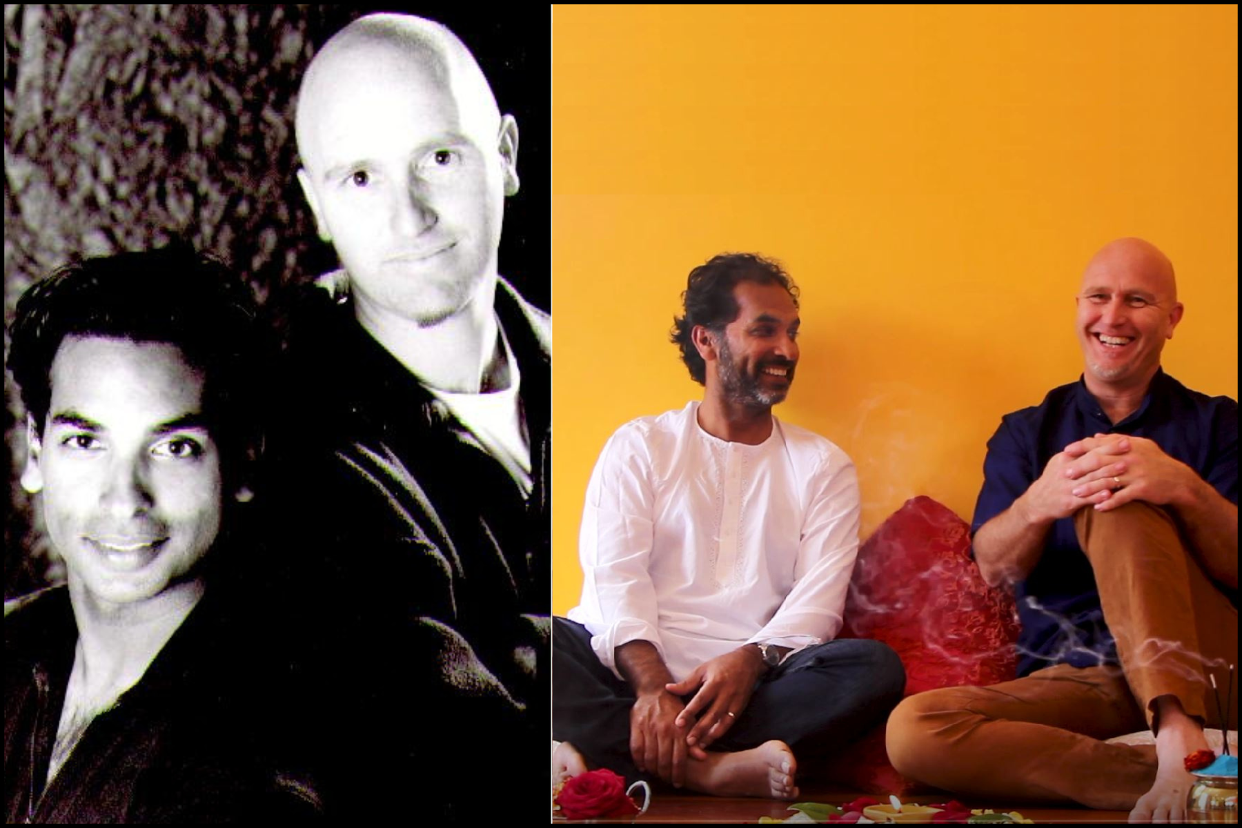 Split panel: black-and-white portrait of two men at left; on the right two men sit cross‑legged against an orange wall, smiling.